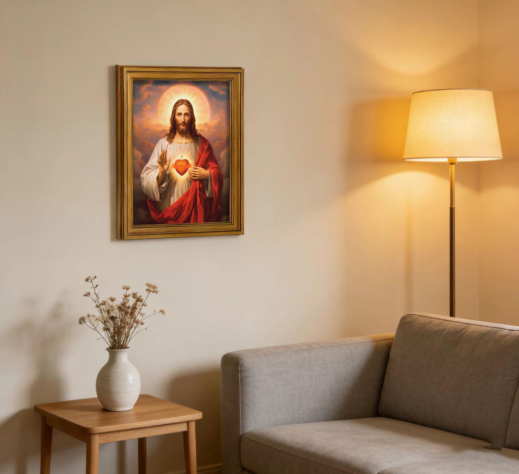 Vintage Gold Framed Jesus Wall Art Sacred Heart of Jesus Christian Canvas Prints Divine Mercy Picture Christ God