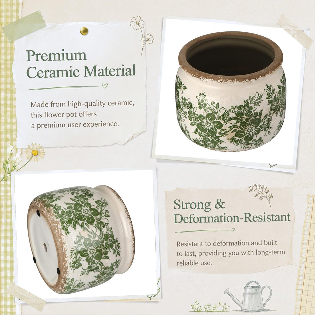 7.7" Large Ceramic Plant Pot Beige Green Farmhouse Floral Crackle Glaze Rustic Flowers Pot Decorative Planter with