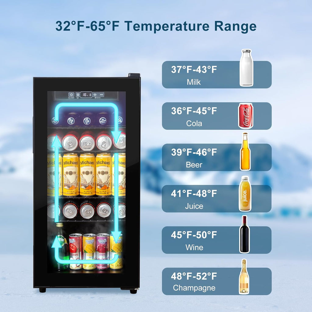 Beverage Refrigerator 180 Can, Black Beer Fridge with Glass Door, 3.2 Cu Ft Mini