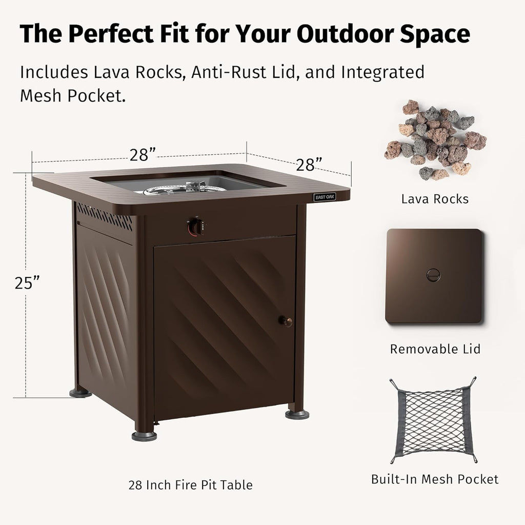 28” Outdoor Propane Fire Pit Table | 52,000 BTU Gas Fire Pit for 2-4 People with Space-Saving Hock Lid