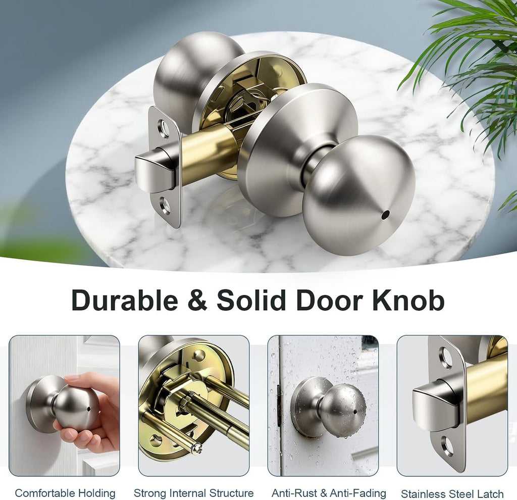 Brushed Nickel Interior Door Knobs, Keyless Privacy Door Knob Bathroom, Stainless Steel Indoor Door Knobset, Flat