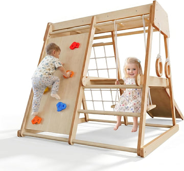 7 in 1 Indoor Jungle Gym: Wooden Montessori Climber with Double Slide Magic Board Climbing Wall Monkey Bars Rope