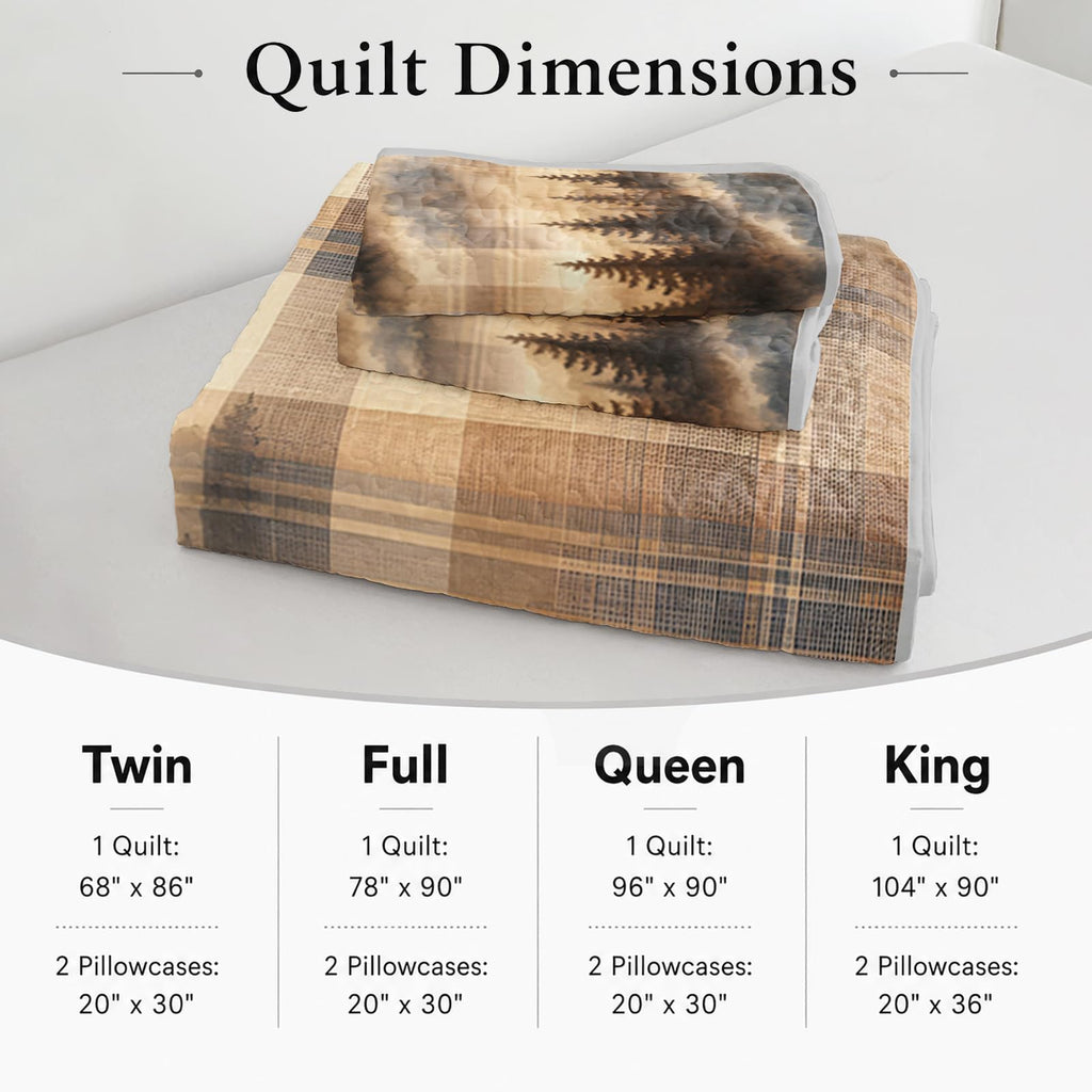 Misty Woodland Pine 3-Piece Quilt Set with 2 Pillow Shams, Beige Check Soft Lightweight Microfiber Bedding for