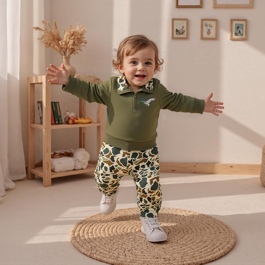 Toddler Baby Boy Hunting Outfits Duck Half Zip Long Sleeve Sweatshirt Tops Pants Set Cute Infant Fall Clothes