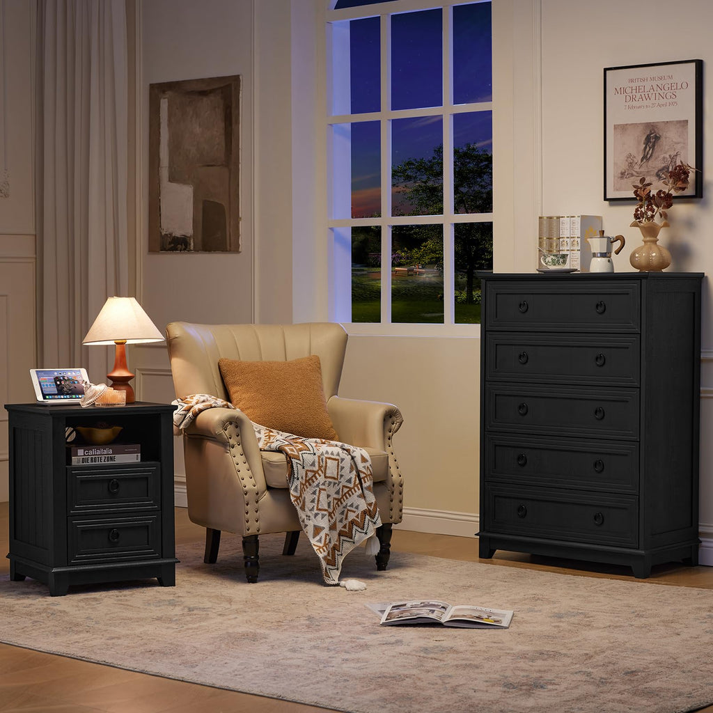 Farmhouse 5 Drawer Set of 2, 42" Tall Small Dressers & Chest of Drawers, Rustic Wood with Metal Handle, Storage