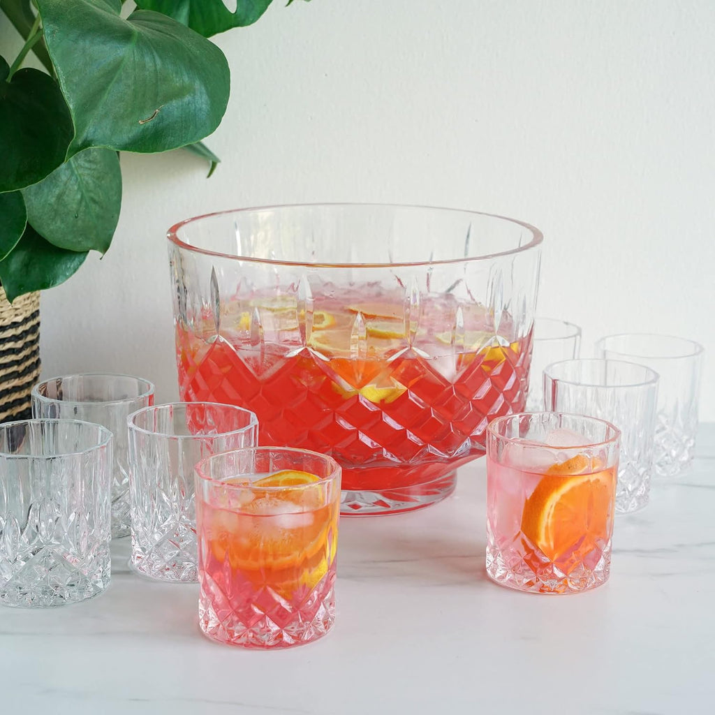 Admiral Punch Bowl Set with 8 Tumblers, Cut Crystal Cocktail Party Serveware, Dishwasher Safe, 2.5 Gallons, 9 Oz