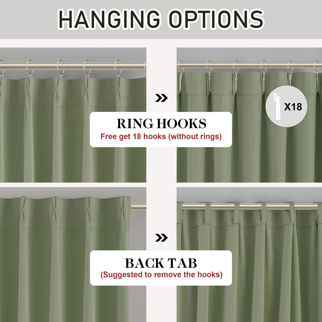 Sage Green 60 inch Wide Pinch Pleated Blackout Curtains with Hooks - 95 inch Length Room Darkening Thermal Insulated