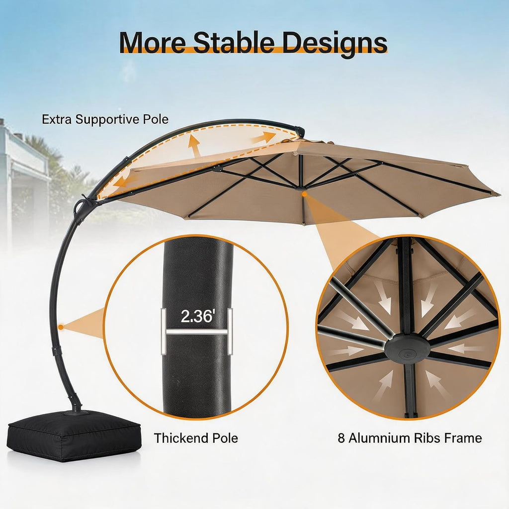 11ft Patio Cantilever Umbrella with Base Included, Outdoor Curvy Round Offset Umbrella, Heavy Duty Aluminum