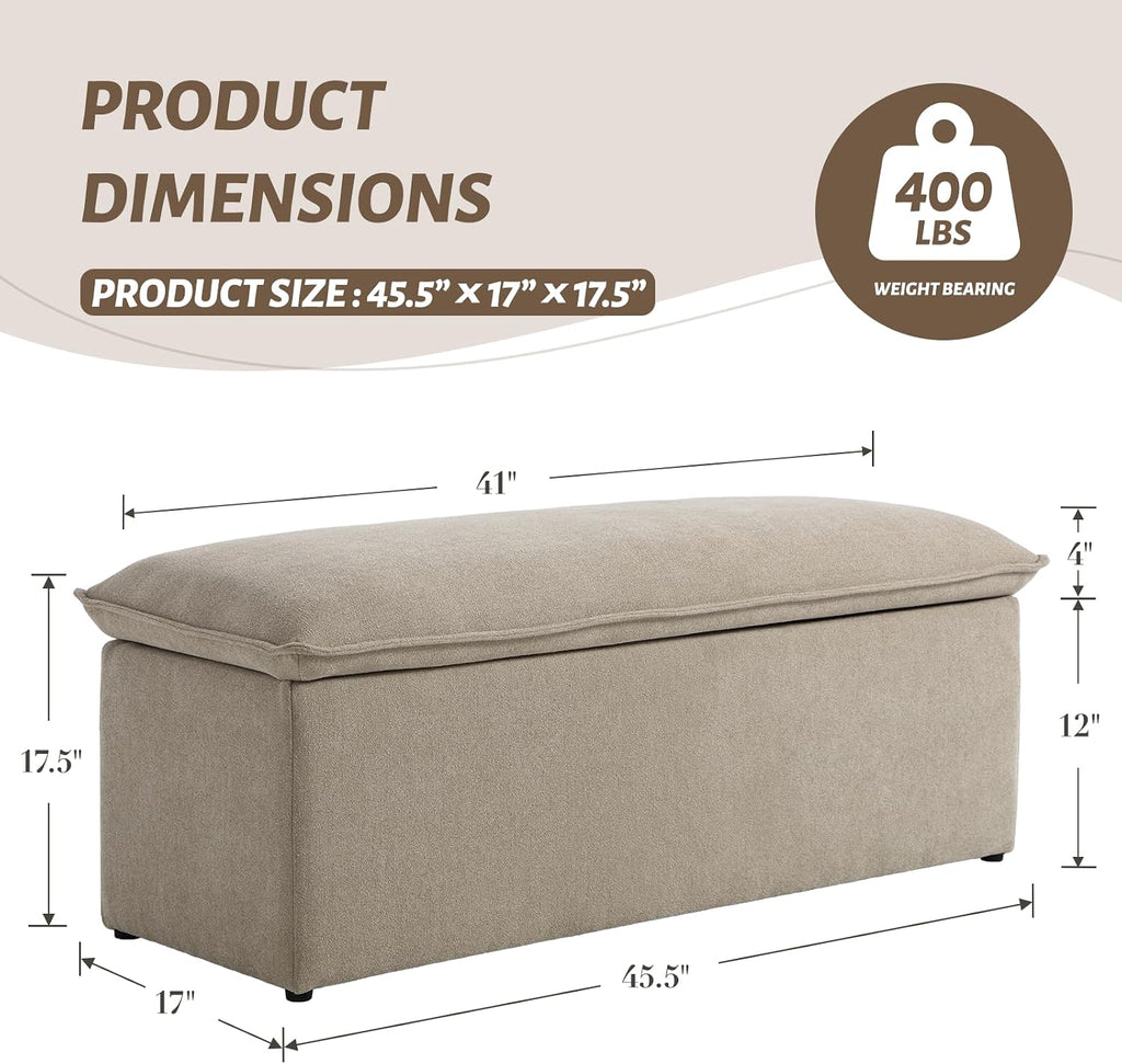 Modern Storage Bench, Upholstered Storage Ottoman Chenille Fabric with Seating Entryway Bench Living Room, Oatmeal