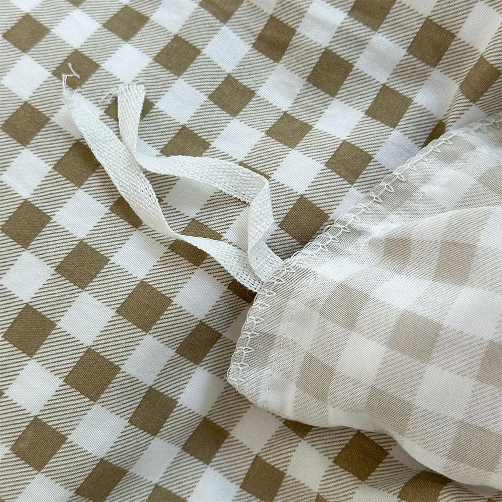 Tan Gingham Ruffle Duvet Cover King, 3 Pieces Taupe Soft Pre-Washed Microfiber Checked Plaid Comforter Cover Set