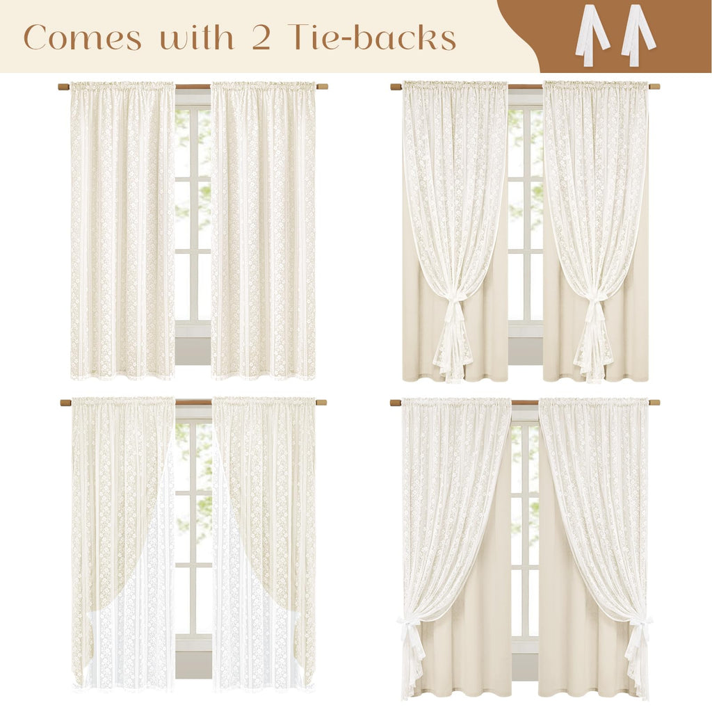 Linen Curtains, Double Layered Boho Curtain 63 Inch Length 2 Panels Set, Rod Pocket Curtains & Drapes with Tiebacks