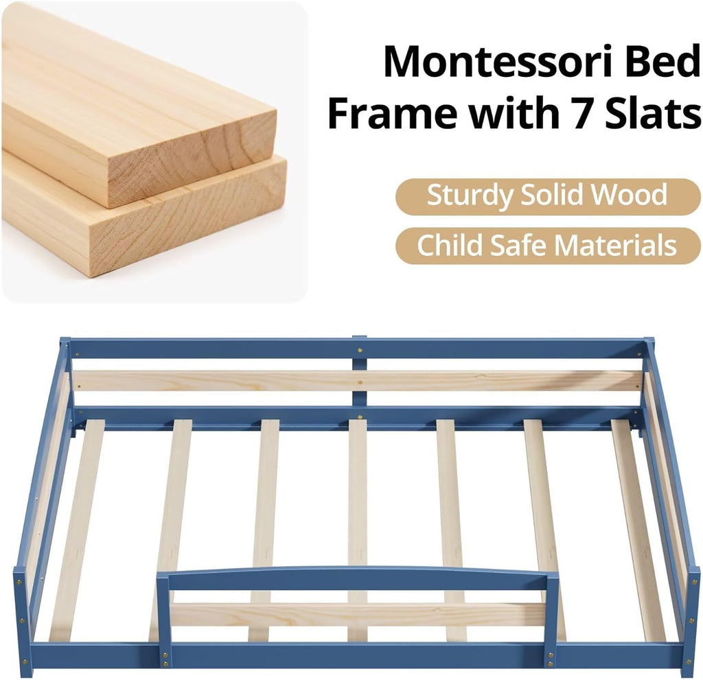 Floor Bed Frame with 2 Openings, Wooden Low Montessori Bed with Safe Guardrails for Boys Girls, Mist Blue