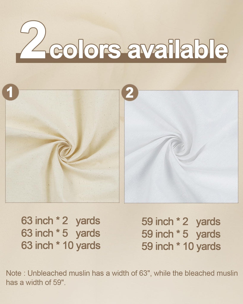 100% Cotton Muslin Fabric, 59 inch x 10 Yards, Bleached