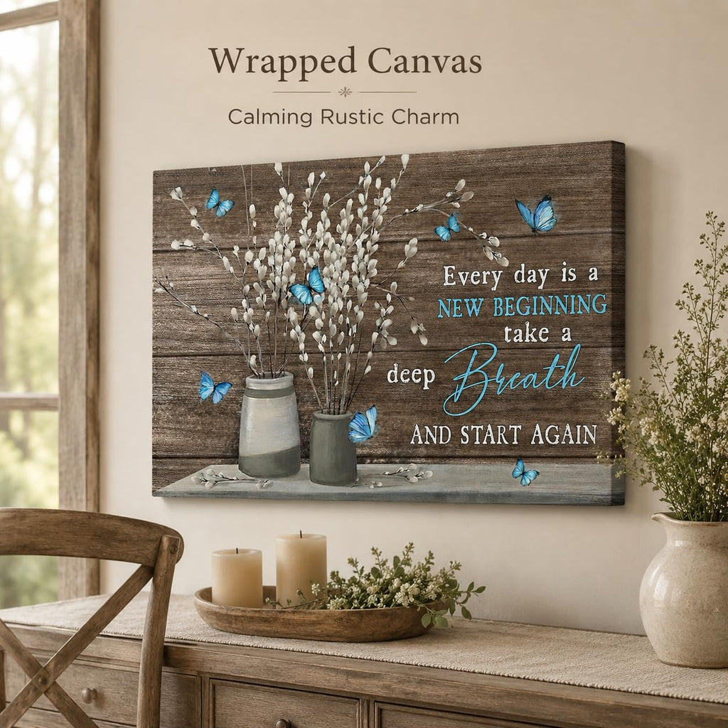 Farmhouse Bathroom Canvas Wall Art Vintage Rustic Country Flower Blue Butterfly Painting Picture Wall Decor Every day