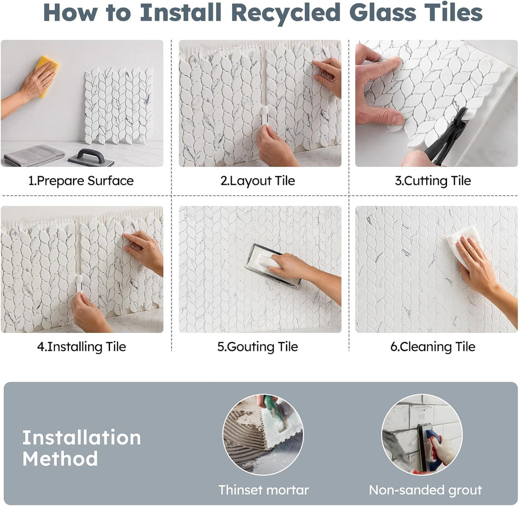 Recycled Glass Backsplash Tile, White Marble Leaf-Shaped, 5 Sheets | Mesh Mounted, 3D Faux Stone, Glass Mosiac