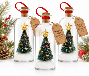 Recordable Christmas Tree in a Bottle Ornament,30-Second Voice Recording Keepsake with Snowy Mini Trees,Glass - Set of 3