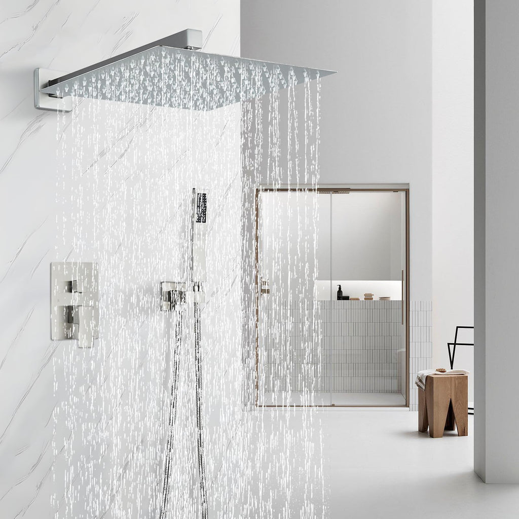 Shower Faucet Set Brushed Nickel Shower System with 12 Inches Rain Shower Head and Handheld Sprayer Wall Mounted