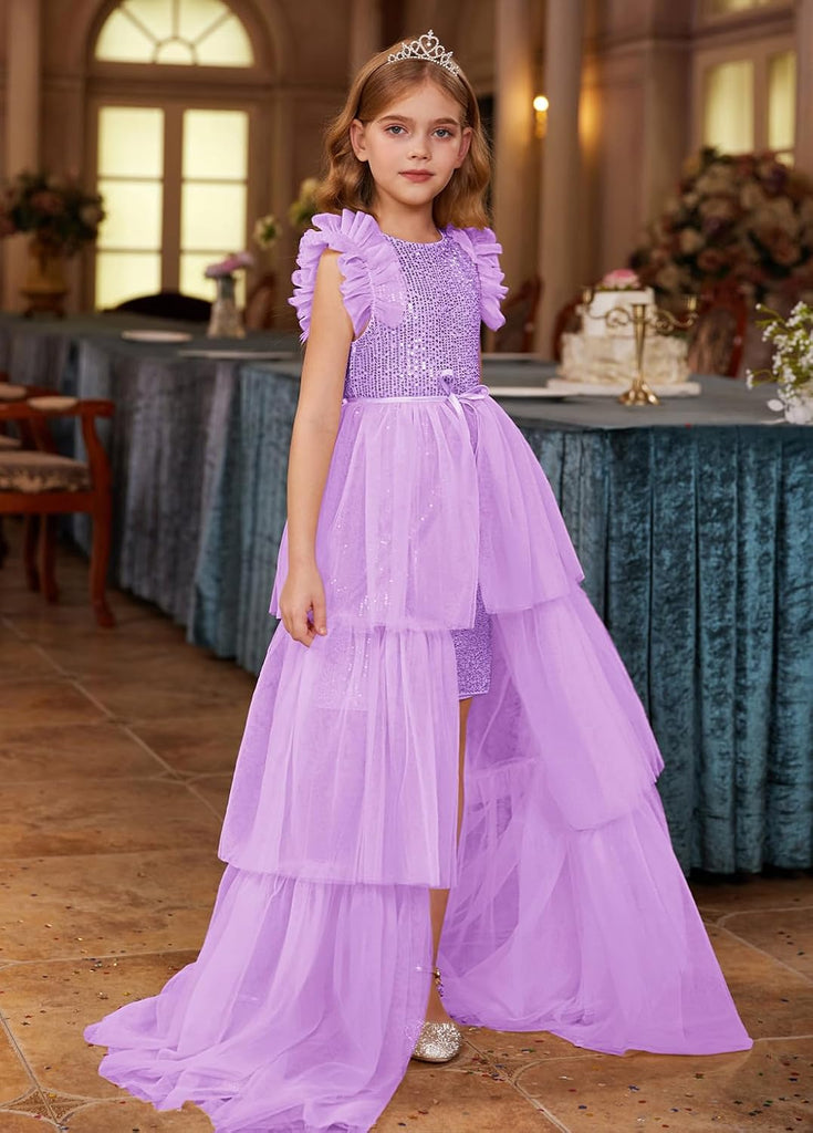Girls Sequin Formal Pageant Fancy Party Ruffle Prom Maxi Dress