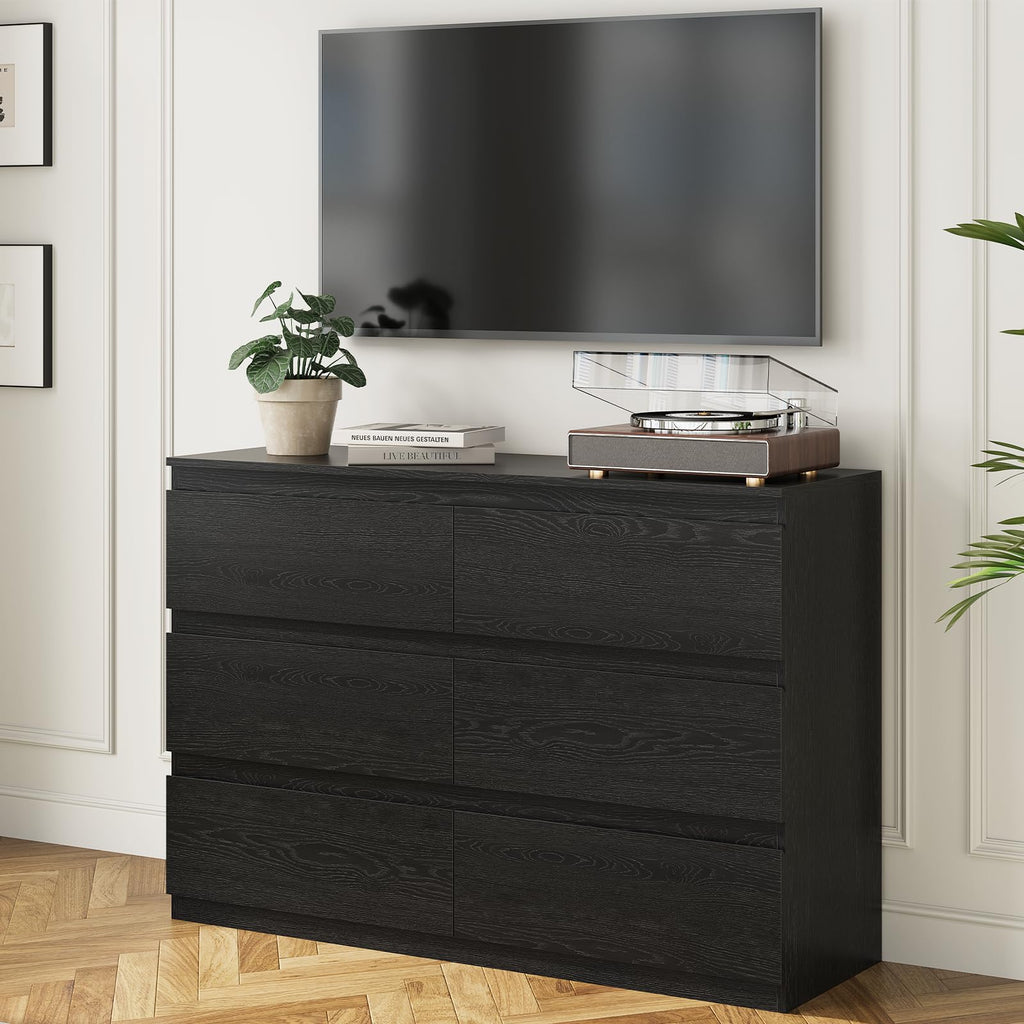 Black Wood Dresser 6 Drawer, 47" Wide Clothes Chest