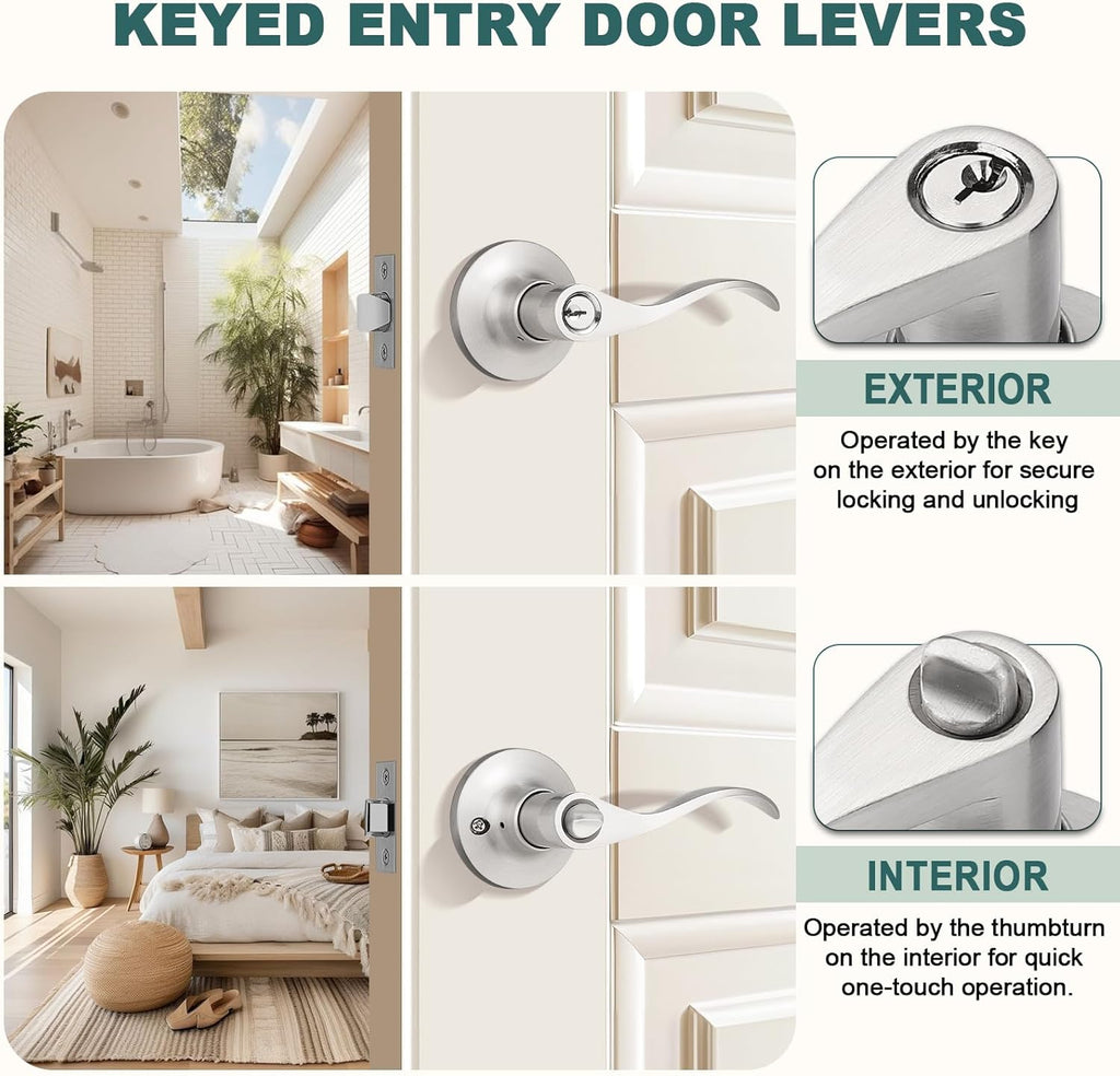Entry Door Handles with Lock and Same Keys, Brushed Nickel Keyed Aliked Entry Door Lock Sets Doors - Door Lever