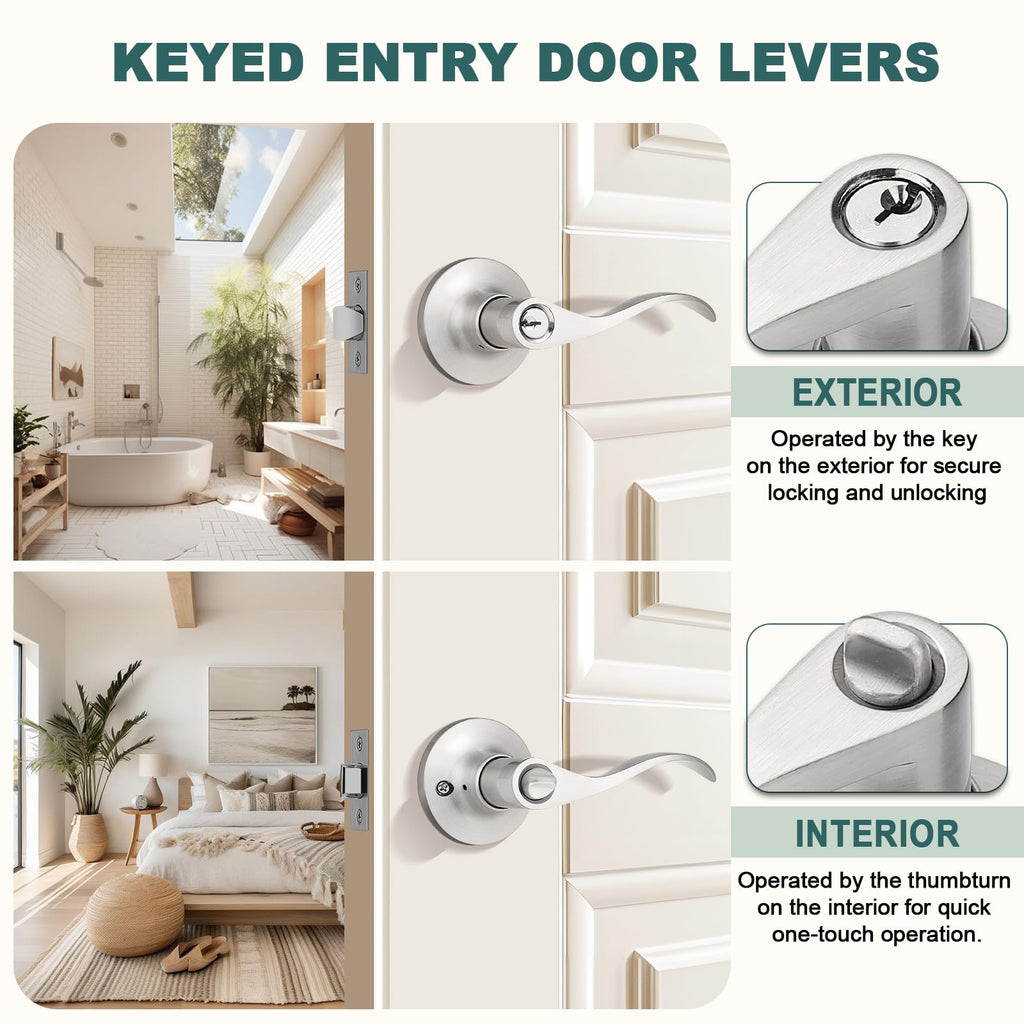 Entry Door Handles with Lock and Same Keys, Brushed Nickel Keyed Aliked Entry Door Lock Sets for Exterior & Interior