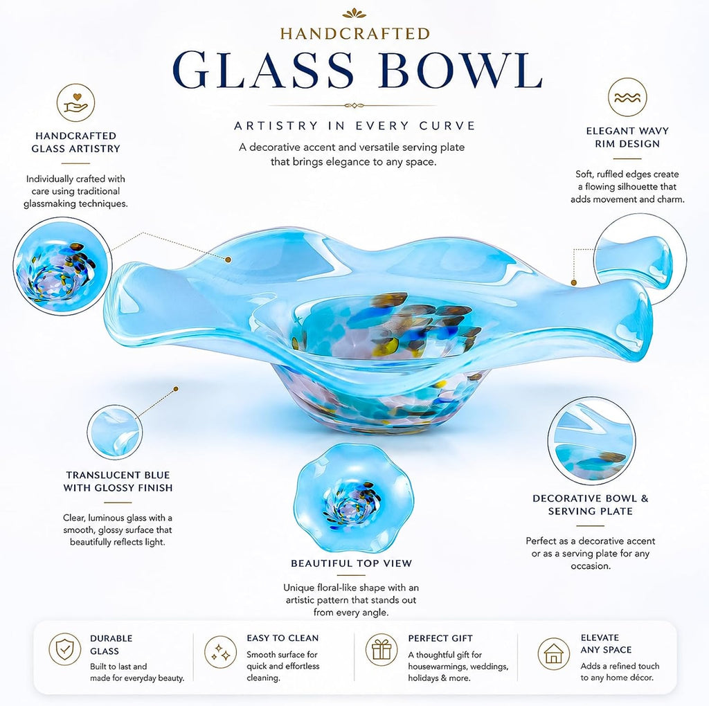 Hand Blown Murano-style Art Glass Bowl, 10.2-Inch Large Decorative Centerpiece for Table, Cobalt Blue Fruit Display &