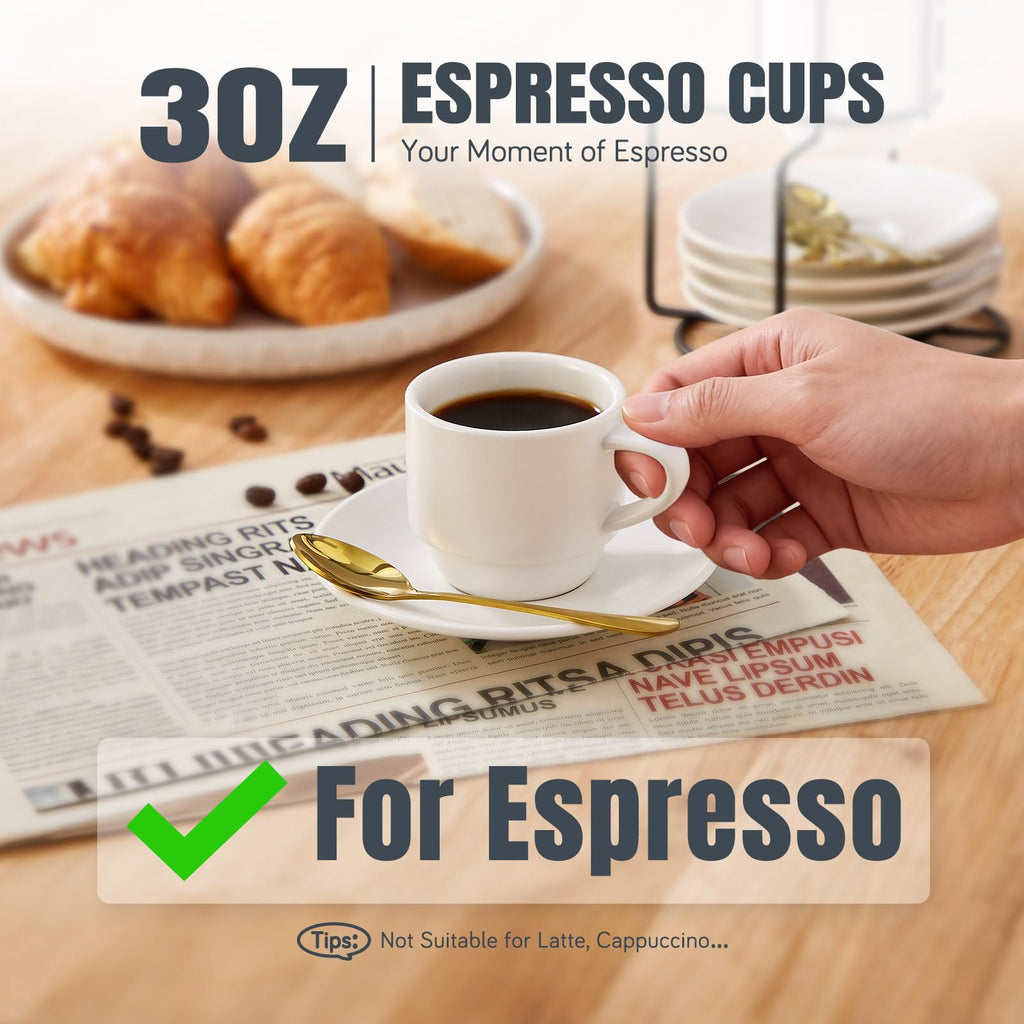 3-Ounce Espresso Cups with Saucers, Spoons and Metal Stand, Small Stackable Coffee Cups Set of 4, Ceramic Demitasse