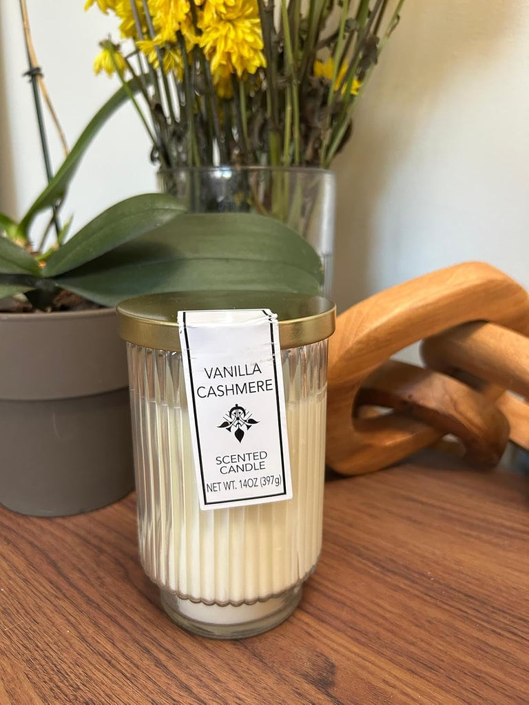Art Deco Vanilla Cashmere Scented Candle 14oz - Premium Long-Burning Candle in Tall Glass Jar with Metal Lid - Warm - Set of 14