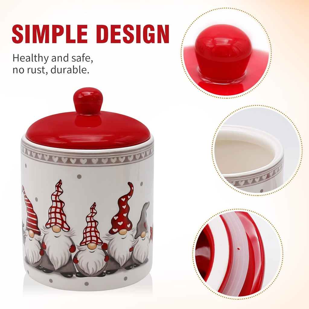 Christmas Cookie Jar, Red & White Ceramic Canister with Lid