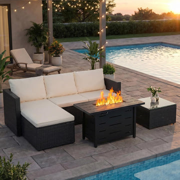 4-Piece PE Wicker Patio Set with 43" Propane Fire Pit Table, Beige