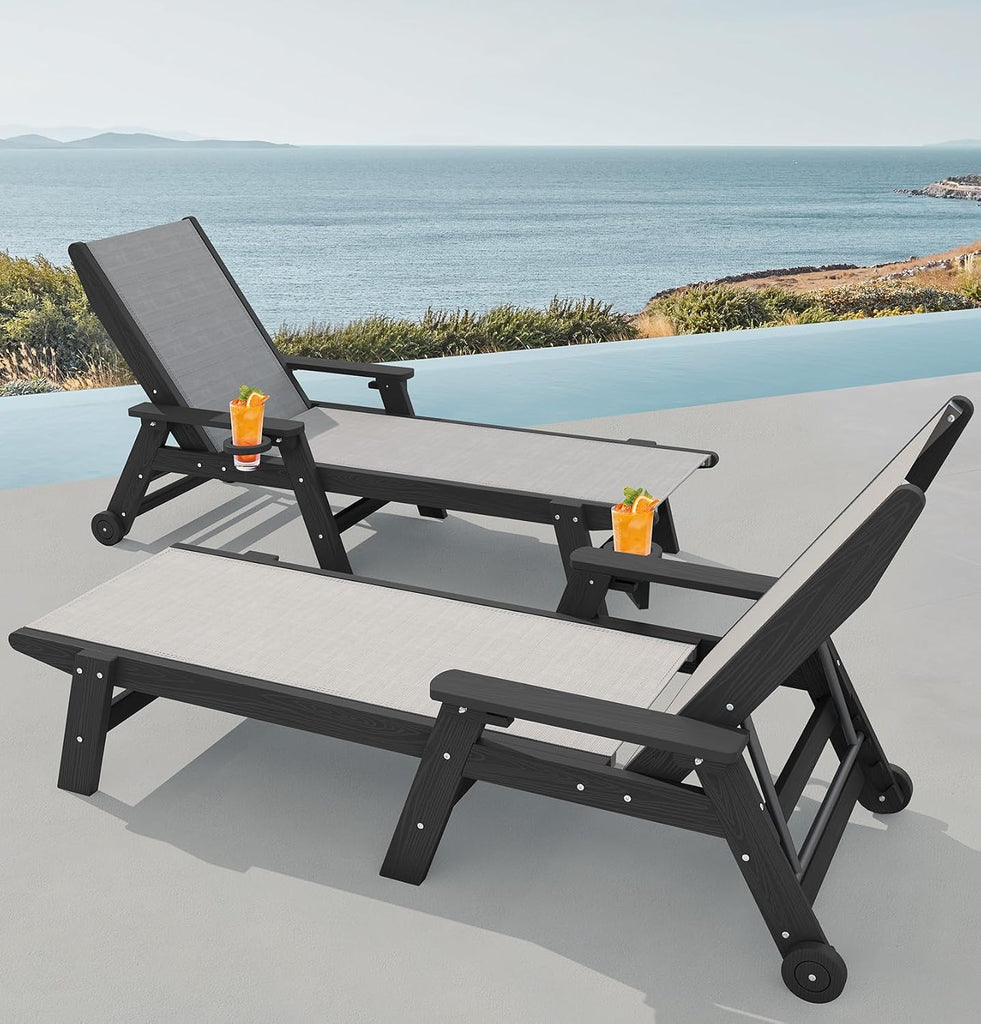Textilene Patio Chaise Lounge Chair Set of 2, HDPE Outdoor Lounger | with Rolling Wheels for Pool, Deck, Black