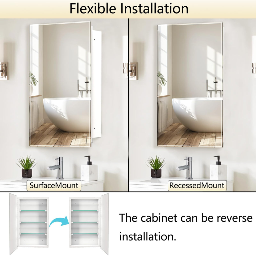 Bathroom Medicine Cabinet with Mirror, 20x26 Inch Rectangular Beveled Mirror Cabinet, Wall Mounted Metal Cabinet