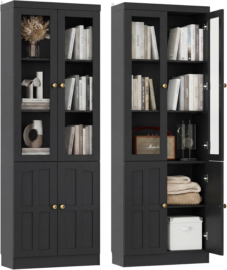 80" Bookshelf with Glass Doors and Adjustable Shelves, Set of 2 | Farmhouse Bookcase with Baseboard Cutout and