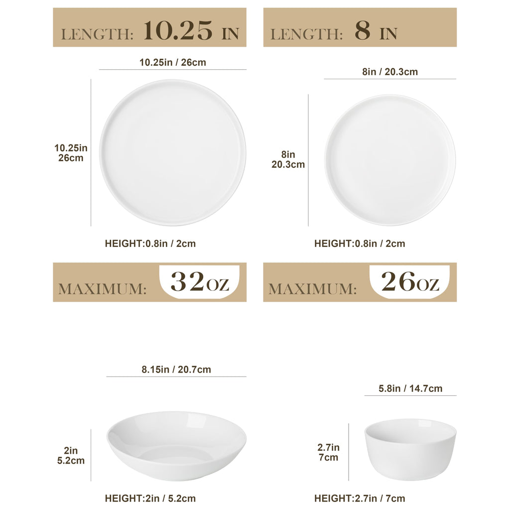 24-Piece Dinnerware Set for 6, White Porcelain Dishes