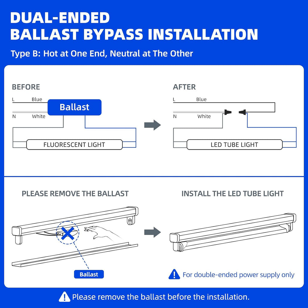 T8 LED Bulbs 4 Foot, 24W 3500LM, 6000K Bright Light, Ballast Bypass