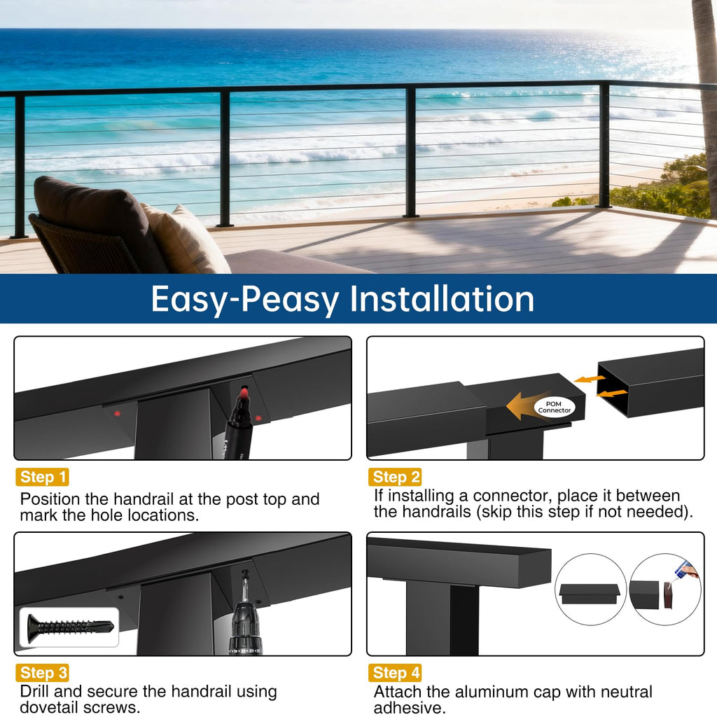 10FT Aluminum Black Cable Railing Handrail with POM Connector, 3 Pack Rectangle 3mm Thick Deck Handrail for Indoor