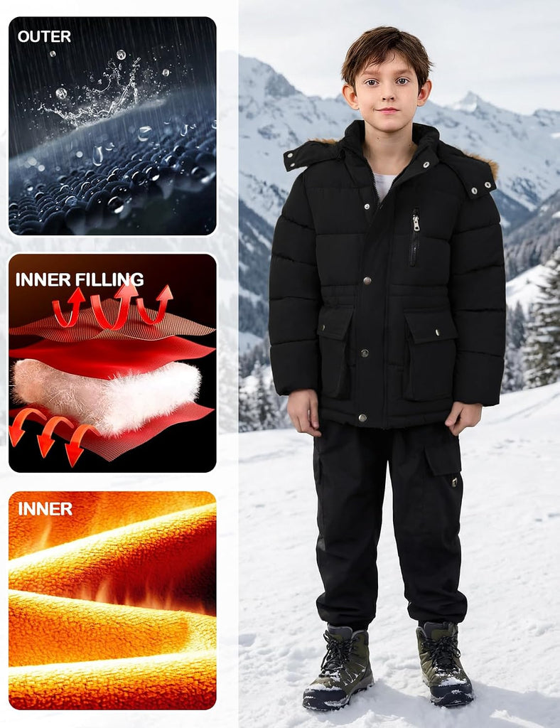 Boys' Winter Puffer Jacket Warm Thickened Fleece Lined Kids Parka Coat with Faux Fur Hood