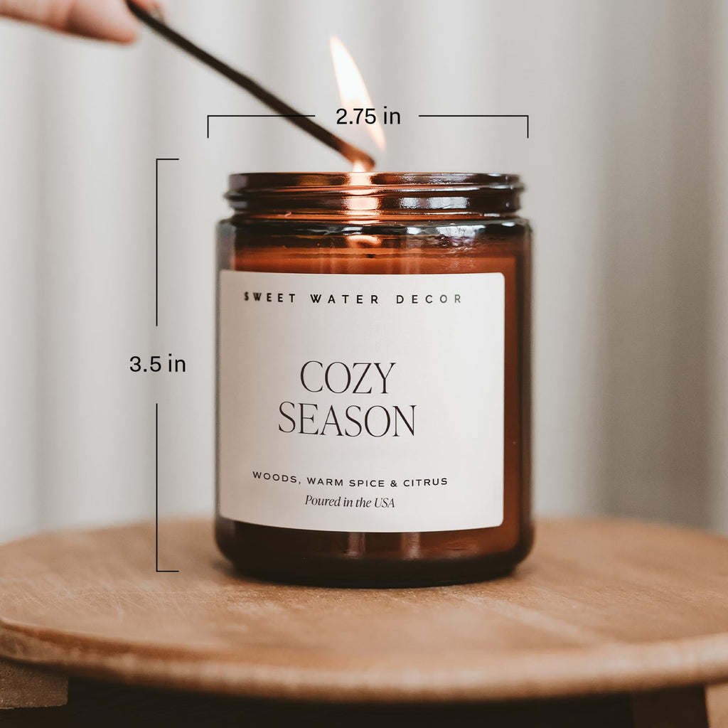 Cozy Season Fall & Winter Candle, 9oz Amber Jar Black Lid