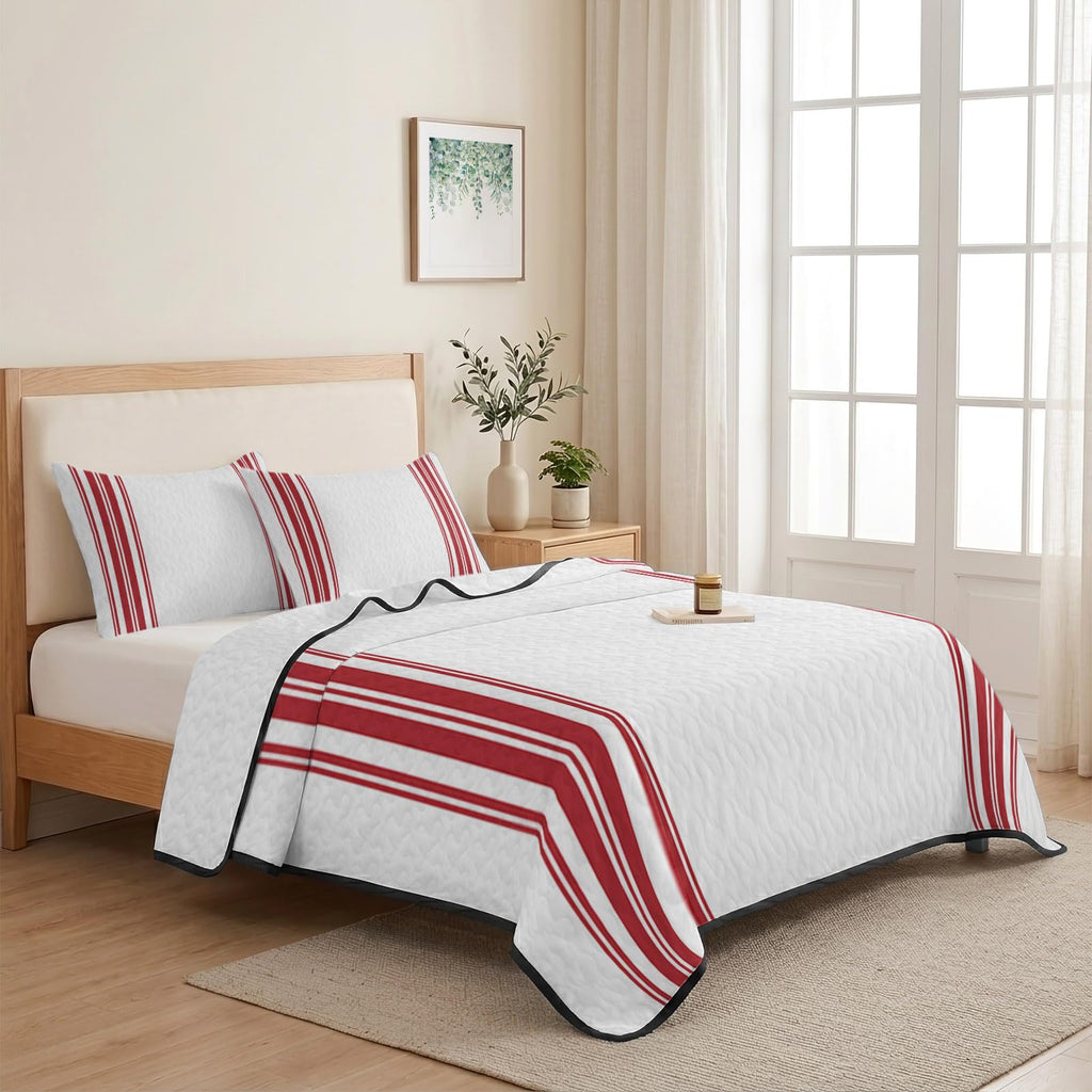 Quilt Set, 3 Piece Bedding Set Red Ticking Vertically Stripe Soft Lightweight Quilt with 2 Pillow