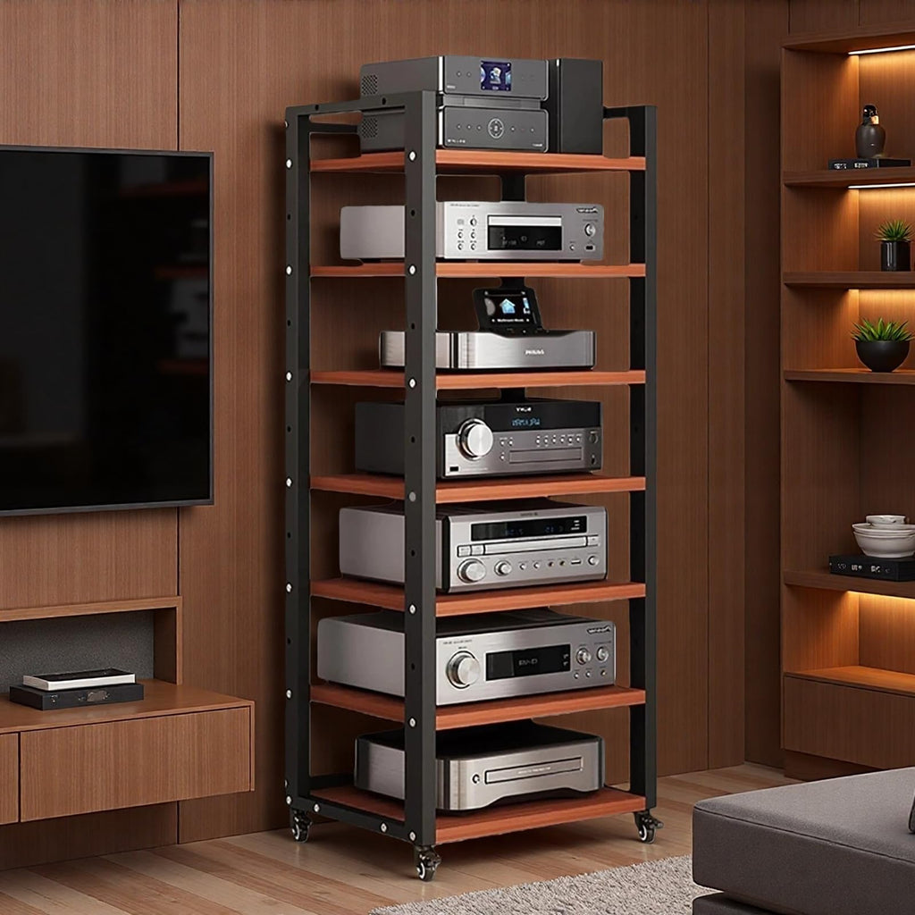 7 Tier Av Media Stand with Wheels, 55in Adjustable Audio Rack