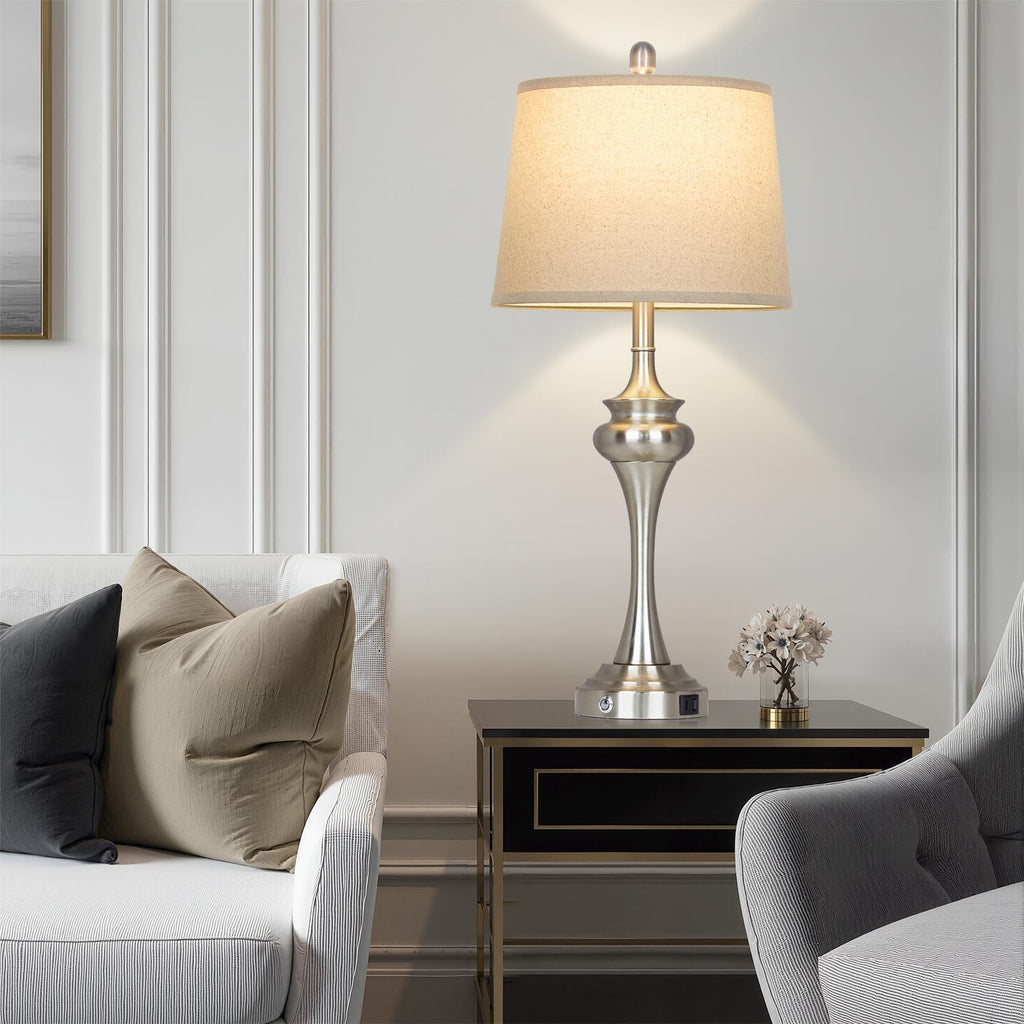 30" Silver Table Lamps Set of 2, 3 Way Touch Control Living Room Lamp with USB A+C Ports, Modern Brushed Nickel