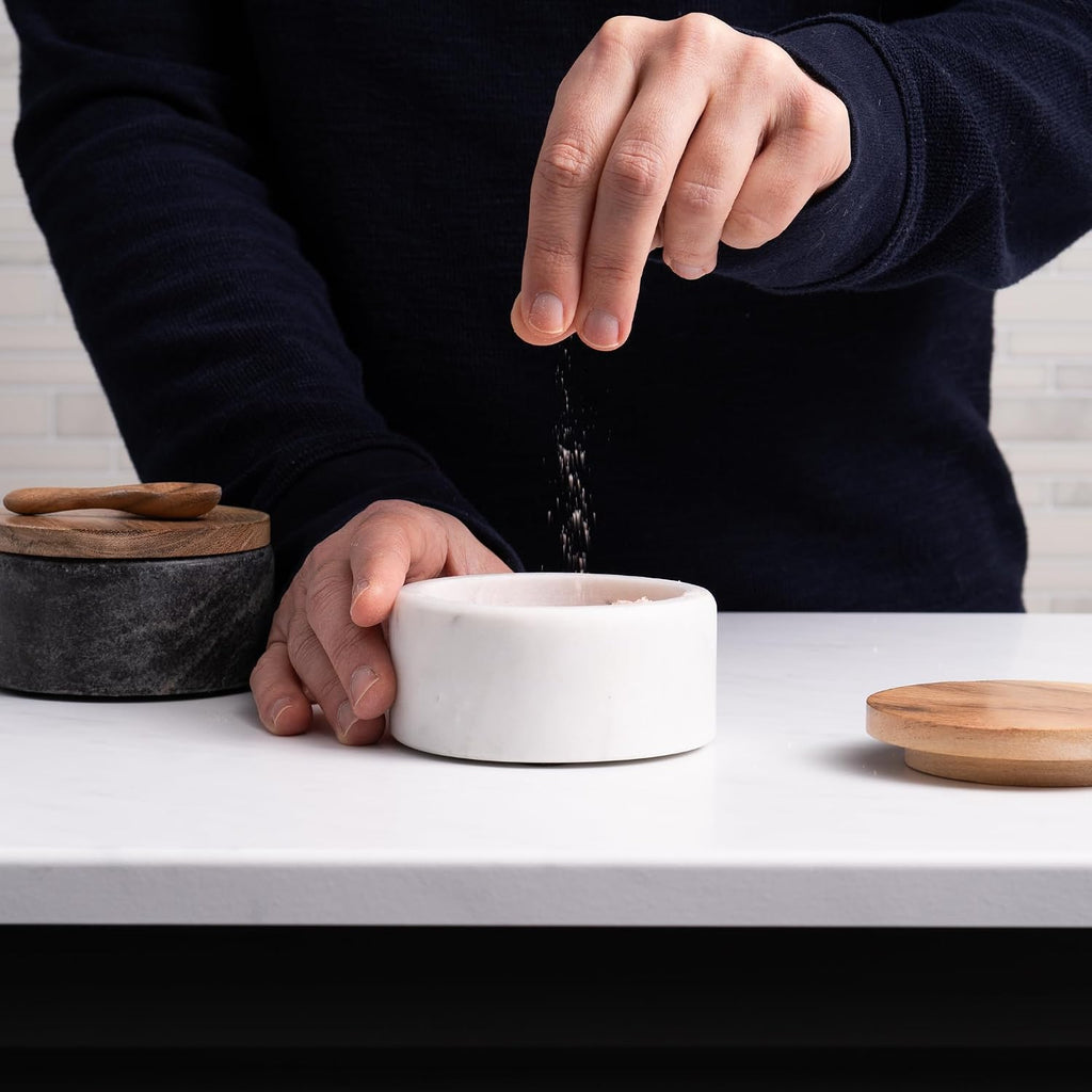 Marble Salt Cellar with Acacia Wood Lid and Spoon, White