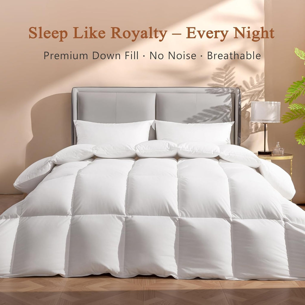 Luxury King Down Comforter, 50% Real Down Filled, Ultra-Soft Cotton Blend, Medium Weight for All Sea