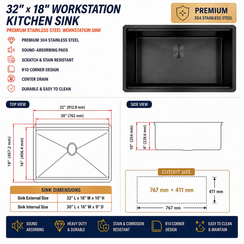Black Undermount, 32 x 18 Inch Stainless Steel Sink