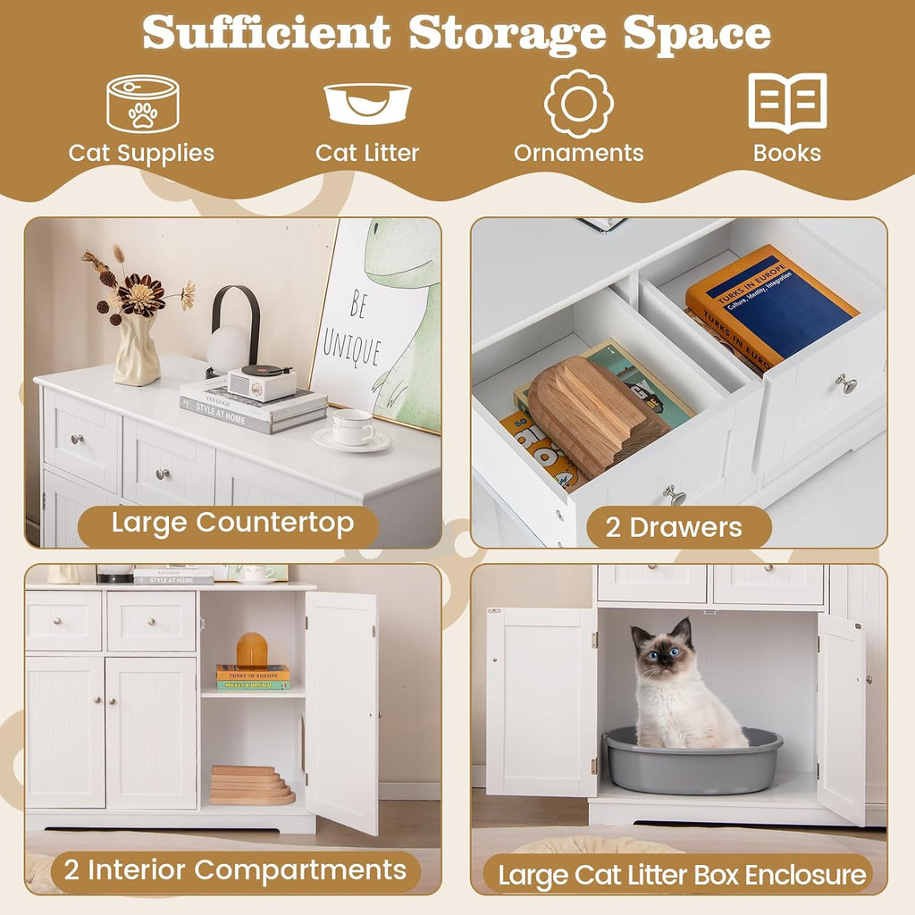Litter Box Enclosure, 40 Inch Enclosed Cat Box Cabinet with 2 Storage Drawers, 3 Doors & 2 Entrances, Hidden Cat