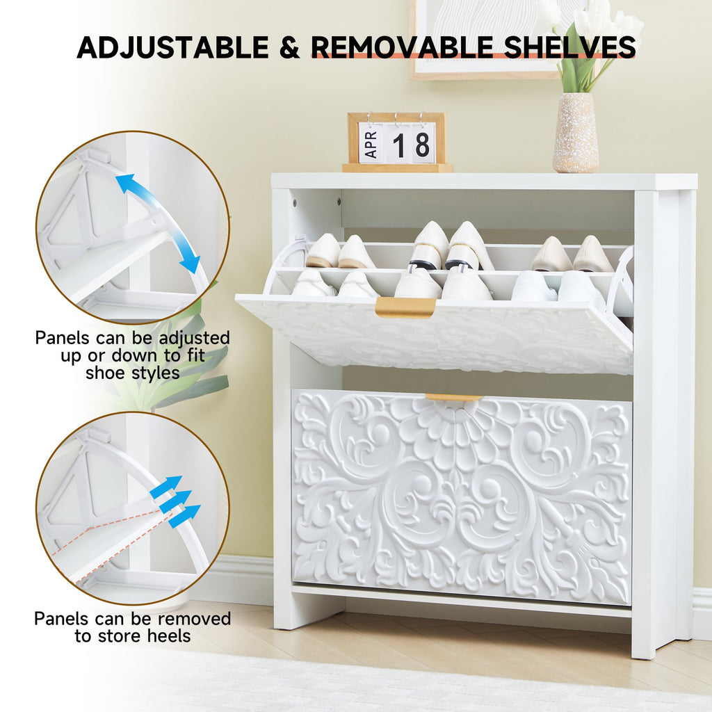 Shoe Cabinet Set of 2, 2-Tier Flip-Drawer Storage (White, 2)