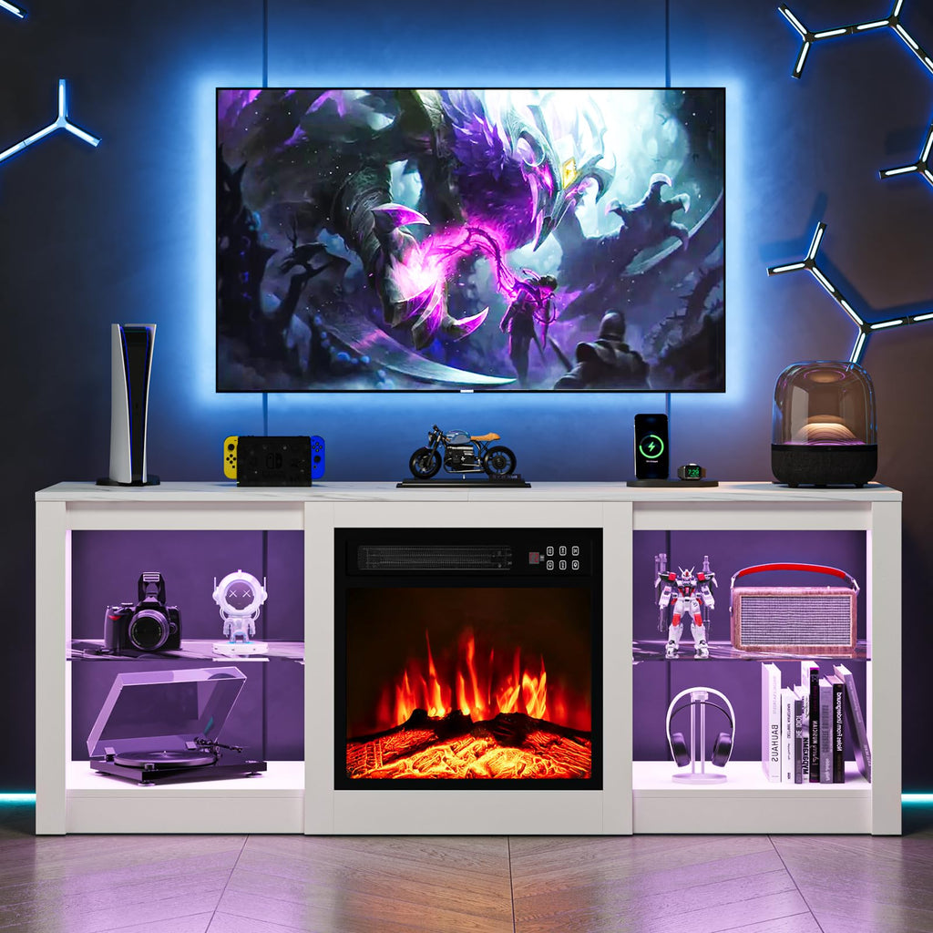For 65" TV, TV Stand with 18" Electric Fireplace, Entertainment Center with Glass Shelves, LED Lights and Power