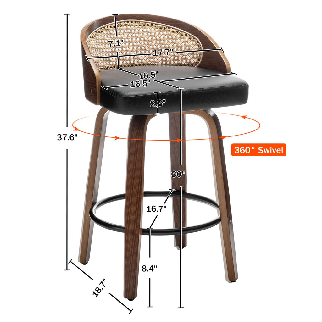 30" Swivel Rattan Bar Stools, Mid-Century Modern Faux Leather Upholstered Bar Height Stools Kitchen Island Barstool