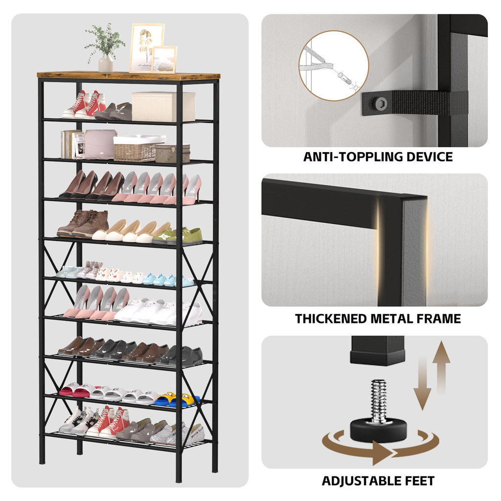 10-Tier Tall Shoe Rack, Large Capacity Shoe Shelf Holds40-45 Pairs, Shoe Shelf, Rustic Brown
