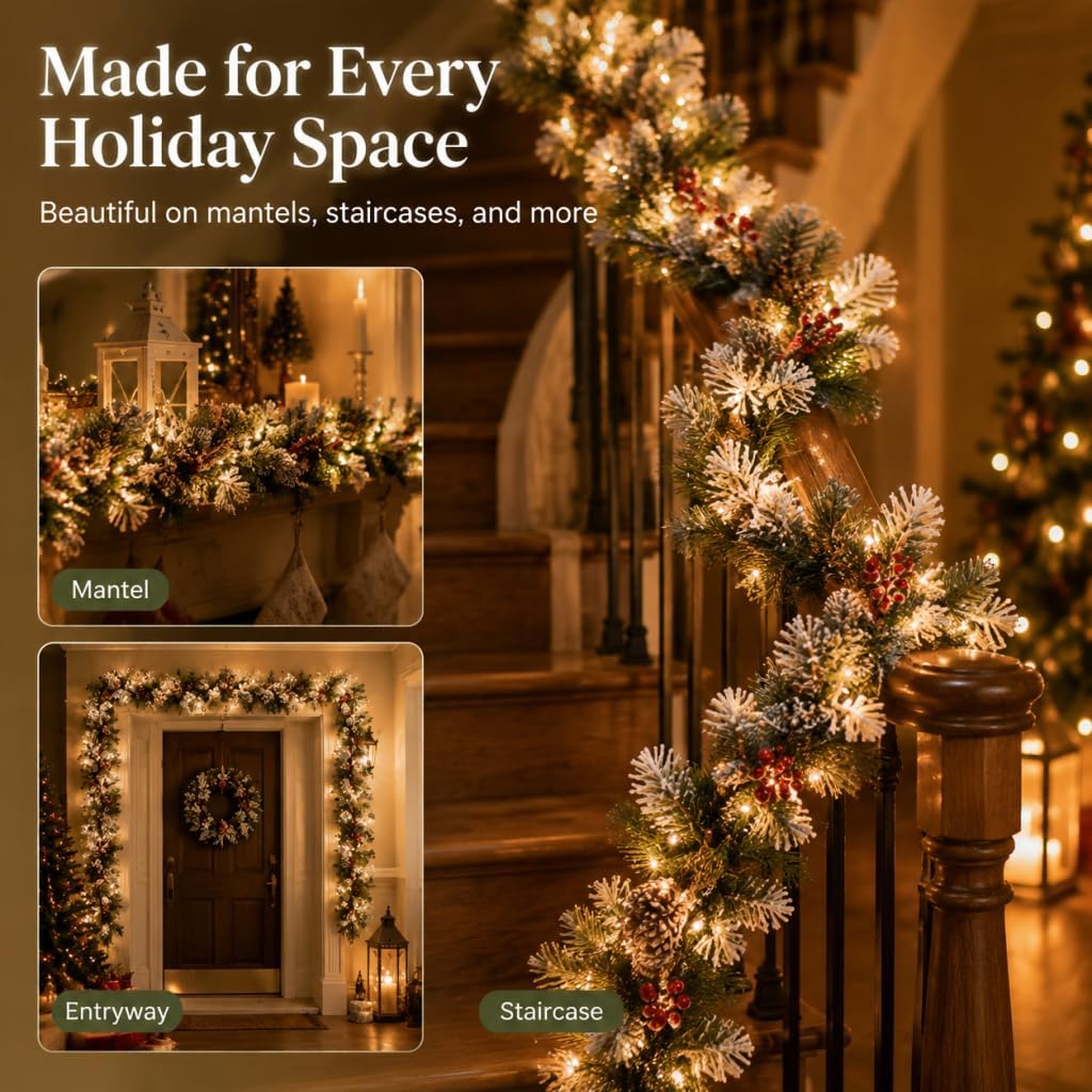 9FT Pre-Lit Artificial Christmas Garland with 50 Lights, Snow Garland Decorated with Pine Cones and Red Berries